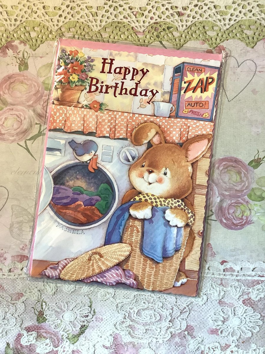WatsonsVintage's tweet image. NEW LISTING and Only TWO Available at just £3.50 each (+P&amp;amp;P)!!! Vintage/Retro Circa 1990s 'Happy Birthday' Card - Cute Rabbit Doing the Laundry Design - Rabbit Lover Friend Card - Launderette Worker Card etsy.me/4nfmtZn via @Etsy #VintageCards #BirthdayCards #90snostalgia