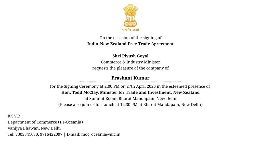 PathakKPrashant's tweet photo. Represented @EigenlyticsData at the In-NZ #FTA signing at Bharat Mandapam, New Delhi yesterday! India's Commerce Minister @PiyushGoyal &amp; NZ Trade Minister @toddmcclaymp sealed a deal that will transform trade between our two nations.
#IndiaNewZealand #GlobalTrade #TradeAgreement https://t.co/JdrOO7OtnX
