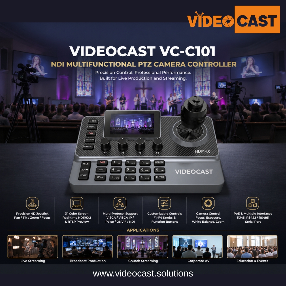 VIDEOCAST_TECH's tweet image. 🎥 Precision. Control. Performance.

The VIDEOCAST VC-C101 PTZ Controller is built for seamless live production with NDI support, 4D joystick control, real-time preview, and multi-protocol compatibility.

🌐 videocast.solutions
📩 DM for details
#PTZ #LiveStreaming #Broadcast