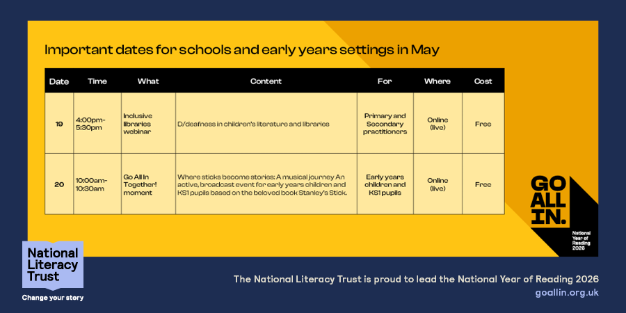 Literacy_Trust's tweet photo. Coming up in May⬇️

Primary and secondary teachers: create an inclusive environment for students with D/deafness
Early Years practitioners: storytelling event for young children inspired by Stanley's Stick

Explore our #NationalYearOfReading2026 offer: https://t.co/NNv9vGwmEn… https://t.co/4ECW01D4I8