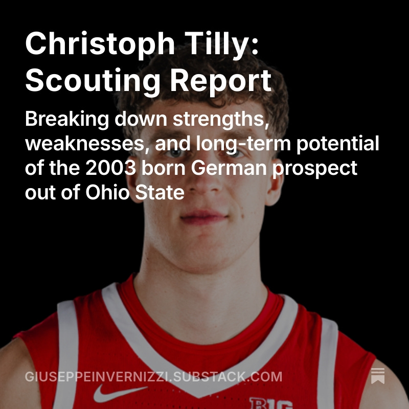 GiuseppeInv's tweet image. Hi everyone, here’s the link to my latest scouting report on Substack, featuring one of the most intriguing prospects out of Ohio State: Christoph Tilly (2003,🇩🇪).
open.substack.com/pub/giuseppein…
@OhioStateHoops #ChristophTilly #GoBucks #BuckeyeNation