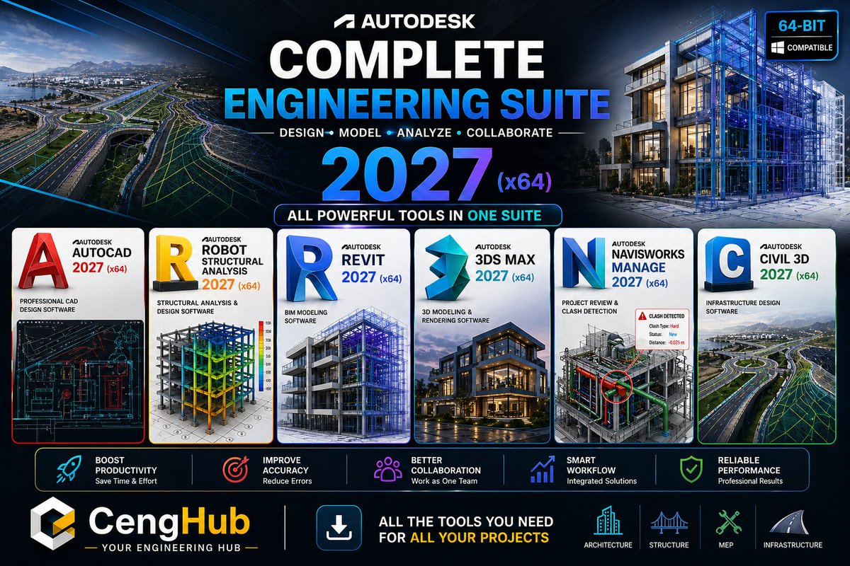 EngZillaa's tweet photo. 🚀 أقوى مجموعة برامج هندسية 2027 وصلت!

🔥 AutoCAD
🔥 Revit
🔥 Civil 3D
🔥 Navisworks
🔥 Robot Structural
🔥 3ds Max
كلهم بإصدار 2027 (x64)
جاهزين للتحميل المباشر 👇
https://t.co/94PqF0iWRN

#الهندسة_المدنية #Revit #AutoCAD #Civil3D #BIM #مهندسين #CengHub https://t.co/K32rfAemIt
