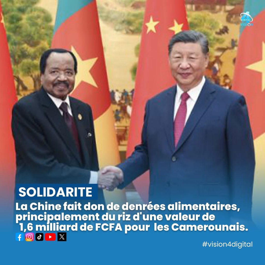 vision4_tv's tweet image. 🇨🇳🤝🇨🇲 La Chine soutient le Cameroun avec un don de denrées 🍚 (riz) estimé à 1,6 milliard FCFA.

🎯 Objectif : renforcer la sécurité alimentaire et soutenir les plus vulnérables.

👉 Un geste fort de coopération.

#Cameroun #Chine #Solidarité #AideHumanitaire #Afrique