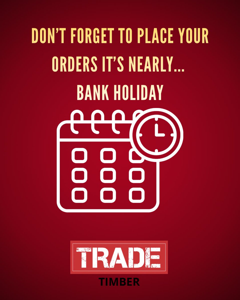 tradetimber_'s tweet image. Don’t leave it until the last minute… Bank Holiday is nearly here ⏰

Make sure your timber orders are placed early to avoid delays and secure your preferred delivery slot.

Fast, reliable supply when you need it most 🤝

#TradeTimber #BankHoliday #OrderNow #TimberSupplies