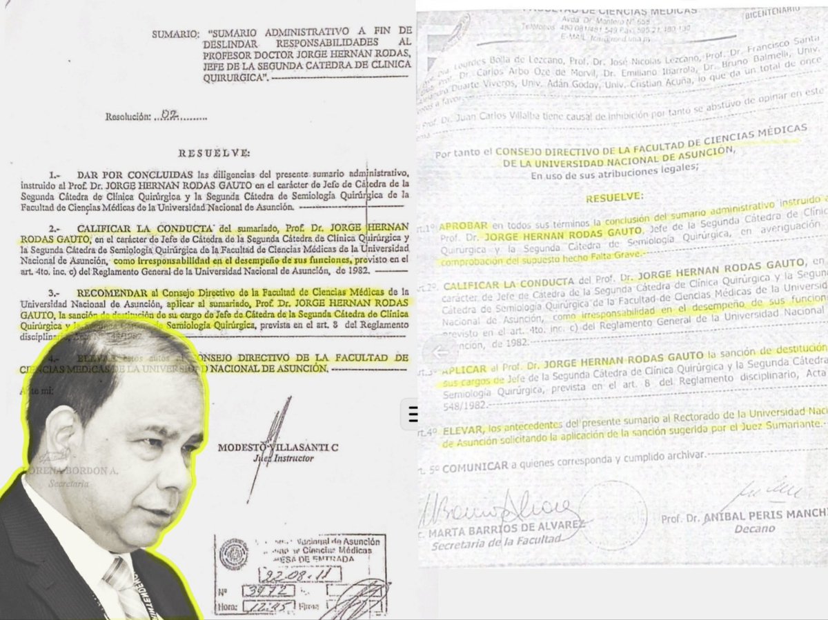 CuartoPoder_Py's tweet photo. 🔴¿POLÉMICO MÉDICO VA COMO ASESOR EN IPS? EL DR. RODAS, TRATADO DE IRRESPONSABLE POR LA FCD-UNA Y DESTITUIDO POR INTENTAR CLAUSURAR LA URGENCIA DE IPS 
Vía Radio 1000 AM

◾El Dr. Jorge Rodas Gauto, que podría ir como asesor en @IPSParaguay, vuelve a estar bajo el escrutinio público tras la difusión de antecedentes institucionales que cuestionan su desempeño en el ámbito académico y médico. De acuerdo con datos detallados por el periodista @juankilezcano de @1000_am, en el año 2011 el Consejo Directivo de la Facultad de Ciencias Médicas de la Universidad Nacional de Asunción (@MedicinaUNA) dictó una resolución contundente contra el profesional. 

◾En aquel entonces, el órgano resolvió sancionarlo con la destitución de sus cargos como jefe de cátedra, fundamentando la decisión en una presunta “irresponsabilidad en el ejercicio de sus funciones”. El expediente, que calificaba la conducta de Rodas como una falta grave, fue elevado al Rectorado de la UNA para su ejecución definitiva, dejando una marca documental sobre su idoneidad en cargos de gestión educativa.

◾A este antecedente se suman diversas publicaciones disponibles en plataformas digitales que recogen denuncias y críticas hacia su gestión en otros organismos del sector salud. Entre los episodios más recordados se encuentra su polémica salida de la Superintendencia de Salud en 2018, tras ordenar la clausura de las internaciones en los pasillos de Urgencias del Hospital Central del IPS. 

◾Si bien Rodas argumentó que buscaba proteger la dignidad de los pacientes ante condiciones hacinadas, la medida fue vista por las autoridades del Ministerio de @msaludpy de aquel entonces como una decisión drástica y carente de un plan de contingencia, lo que derivó en su destitución.

◾ El Dr. Rodas, quien ha mantenido una presencia activa en el debate sobre la educación médica, ha sido objeto de cuestionamientos por parte de diversos sectores que señalan una supuesta falta de coherencia entre su discurso de rigor institucional y las sanciones o controversias que jalonan su historial.

◾ La filtración de estos documentos de 2011 reabre el debate sobre si los antecedentes de sanciones administrativas deben ser un factor determinante para quienes aspiran a liderar o auditar la calidad de la formación médica en el Paraguay.