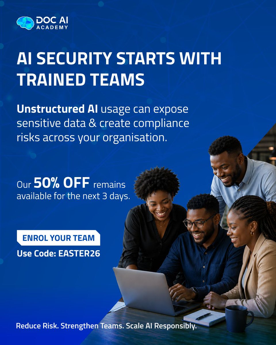 docaiacademy's tweet image. With just 3days remaining, you can still access our AI training programmes at 50% OFF.

Visit our website to get started: docaiacademy.com and apply EASTER26 at checkout 

#Reskill #CareerDevelopment #AITraining #AI #EnterpriseAI #KnowledgeGraphs #AIGovernance #AISecurity