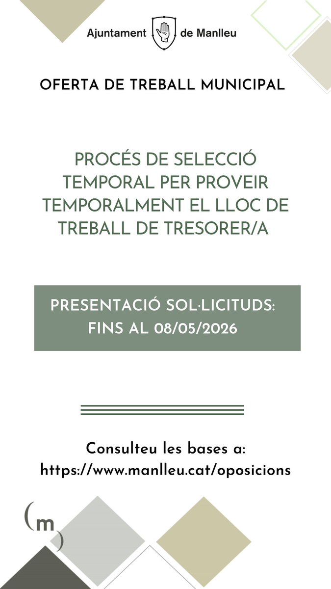 ajManlleu's tweet photo. #oferta Convocatòria ofertes de treball a #Manlleu. Estan oberts els següents processos de selecció:

Plaça temporal per proveir el lloc de treball de tresorer/A
📆Presentació de sol·licituds fins al 8/5

https://t.co/TghnWa9jtx https://t.co/mwCCDfMOSS