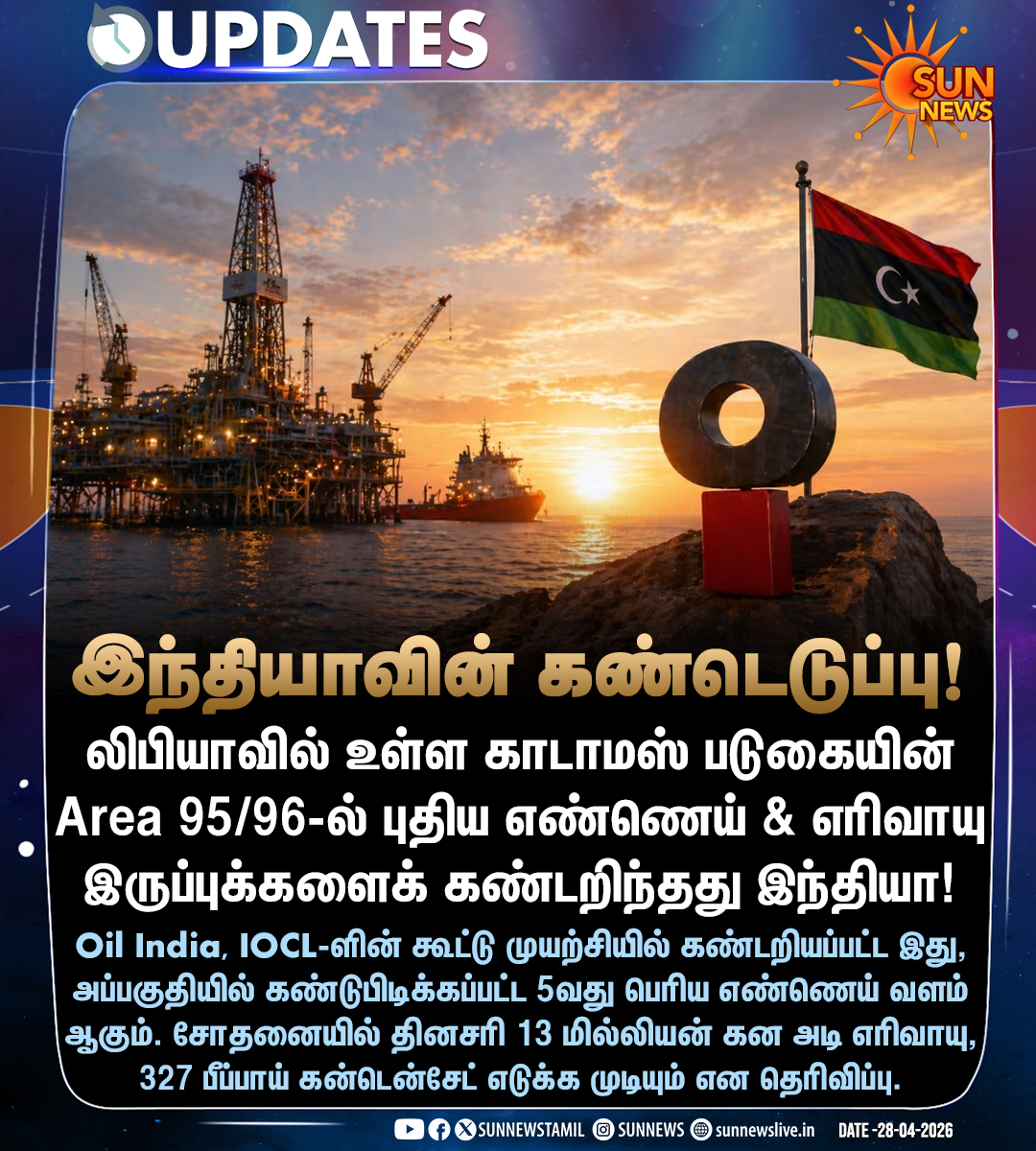 sunnewstamil's tweet image. #NewsUpdate | லிபியாவில் புதிய எண்ணெய், எரிவாயு இருப்புக்களைக் கண்டறிந்த இந்தியா!

#SunNews | #OilReserve | #Libya