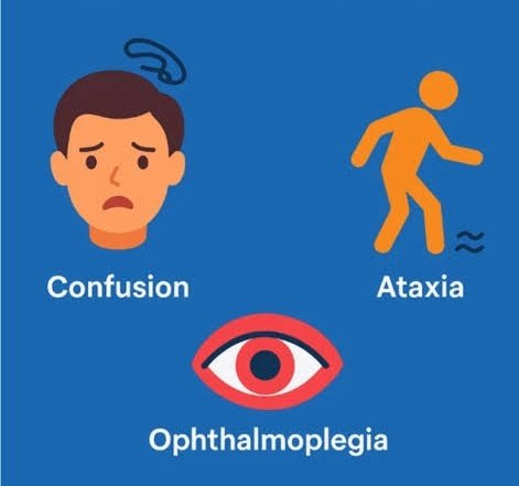 TrackYourHeart's tweet photo. Confusion, ophthalmoplegia, and ataxia suggest deficiency of which nutrient?
A. Vitamin B12
B. Thiamine
C. Folate
D. Niacin https://t.co/wcptUk9uLe