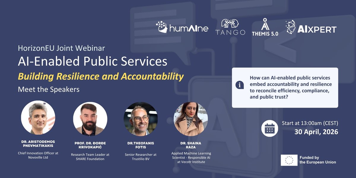 AIXPERT_project's tweet image. Our 15 April webinar on the use of #AI in the public sector has been postponed to 30 April. 
Register below and don't miss precious insights from experts in the field! 👇
us02web.zoom.us/webinar/regist…

Thrilled to have partner @VectorInst from Canada on board!

#HorizonEurope #XAI