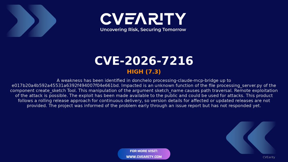 CVEarity's tweet image. ⚡ New CVE Alert: CVE-2026-7216
📊 Severity: 7.3
🚨 Risk Level: High
🧩 Affects: Multiple / Unspecified Products

Reference: nvd.nist.gov/vuln/detail/CV…

#CVE-2026-7216 #CVE #High  #CyberSecurity #InfoSec