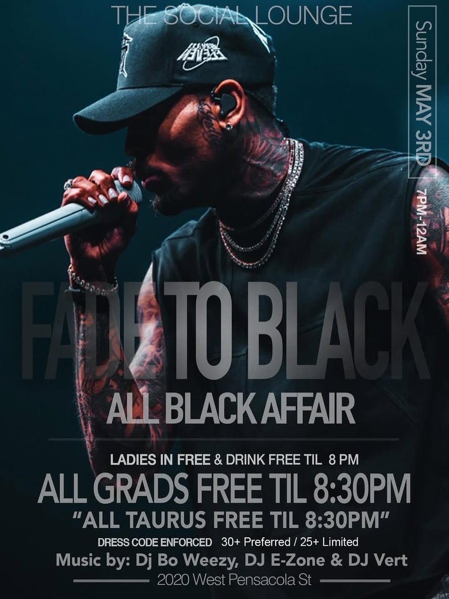 BoWeezy305's tweet photo. Fade to Black. All Black Affair. 🖤

Sunday May 3rd | 7PM–12AM
Ladies FREE + drinks til 8PM
All grads &amp; Taurus FREE til 8:30PM

🎧 by #TheCrowdPleaser DJ E-Zone &amp; DJ Vert
30+ preferred | Dress code enforced

Pull up in your best black… it’s a whole vibe. https://t.co/PxqDvin4dB