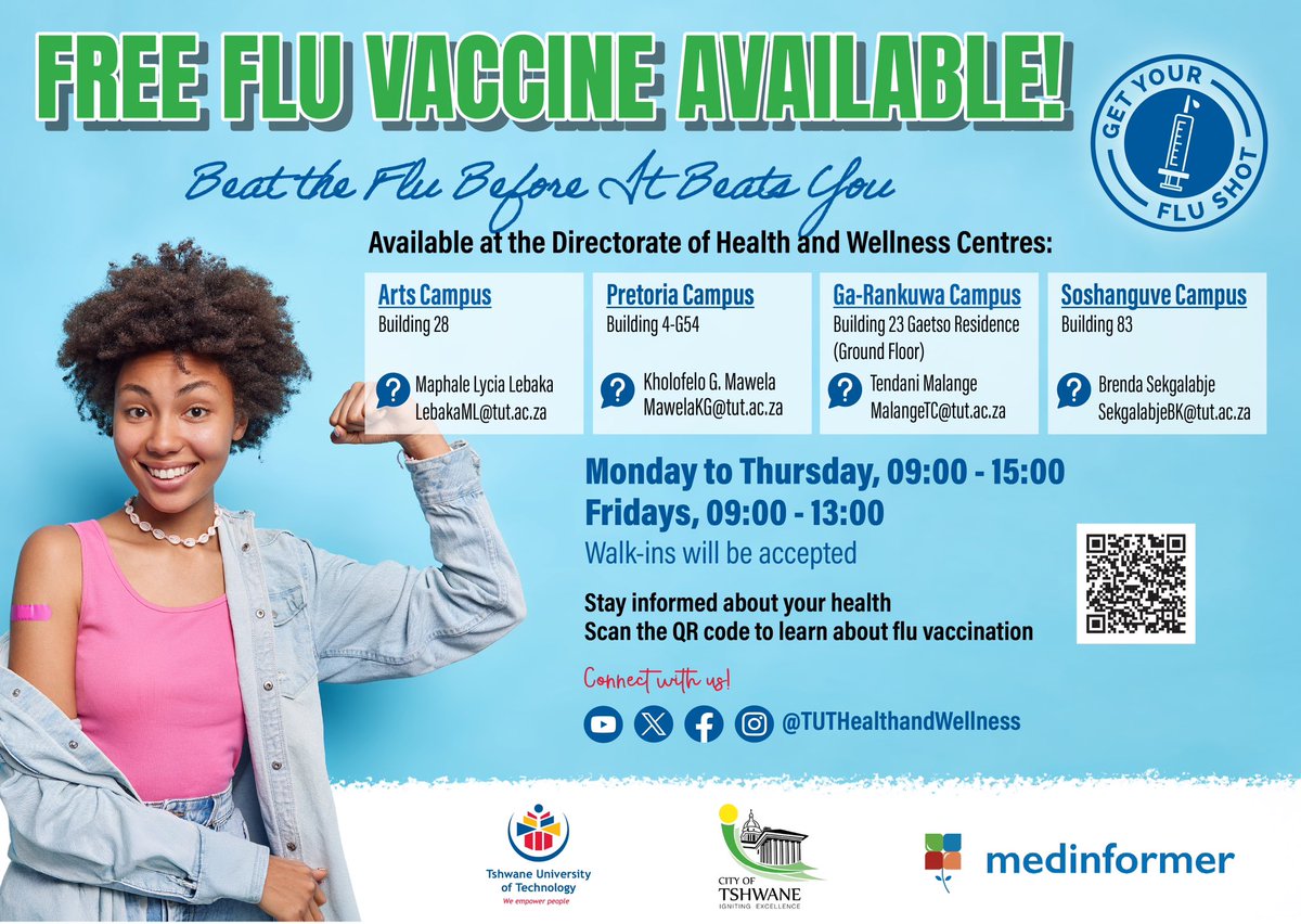 TUTCampusHealth's tweet image. Hey TUT Fam! 

Winter is here, and so is flu season don’t get caught off guard! Free flu vaccines are available at your campus Health &amp;amp; Wellness Centre. Quick, free &amp;amp; essential protection for the whole season.

#FromGoodToGreat #GetVaccinated #StayHealth