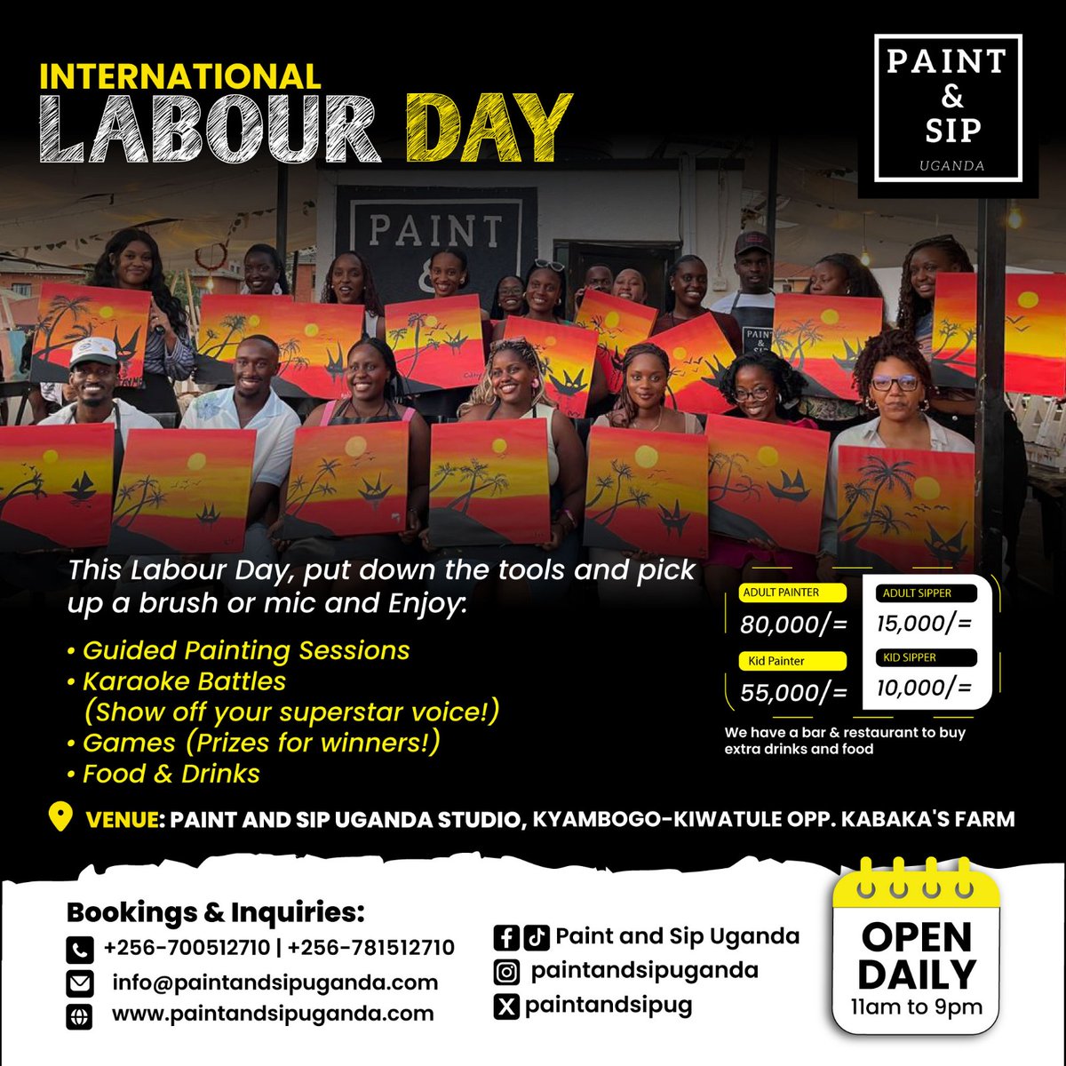 PaintAndSipUG's tweet photo. Celebrate International Labour Day in a fun and creative way!

Put down the tools and pick up a brush or mic at Paint &amp; Sip Uganda.

📍 Kyambogo–Kiwatule (Opp. Kabaka’s Farm)🕒 Open Daily: 11AM – 9PM

📞 Bookings &amp; Inquiries:+256 700 512710 | +256 781 512710 https://t.co/55rwvy6MN9