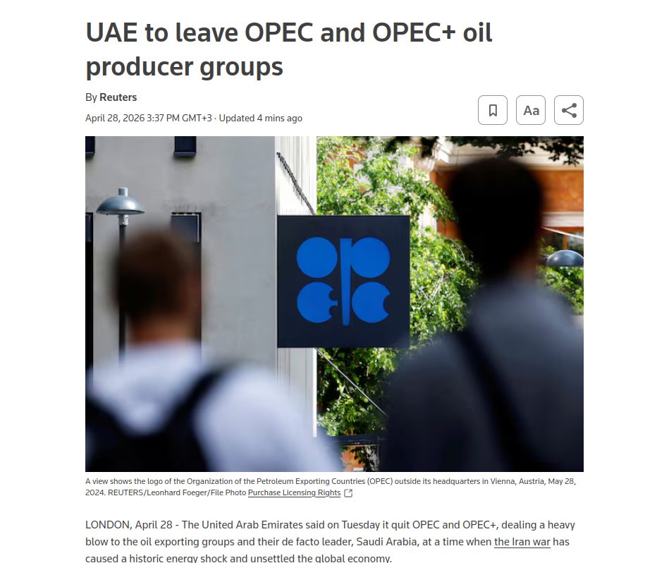 Gerashchenko_en's tweet photo. ❗️The UAE will withdraw from OPEC and OPEC+ on May 1.

They said the decision is based on their "national interest and commitment to contribute effectively to meeting the market's pressing needs."

The  UAE was the third-largest producer in OPEC in February, behind Saudi Arabia and Iraq.

This decision will allow the UAE to increase their oil production. This, in turn, might lead to lowering global oil prices.

This move will greatly impact the OPEC's ability to influence global prices.

There are reports that the UAE have been pondering this decision since at least 2023.