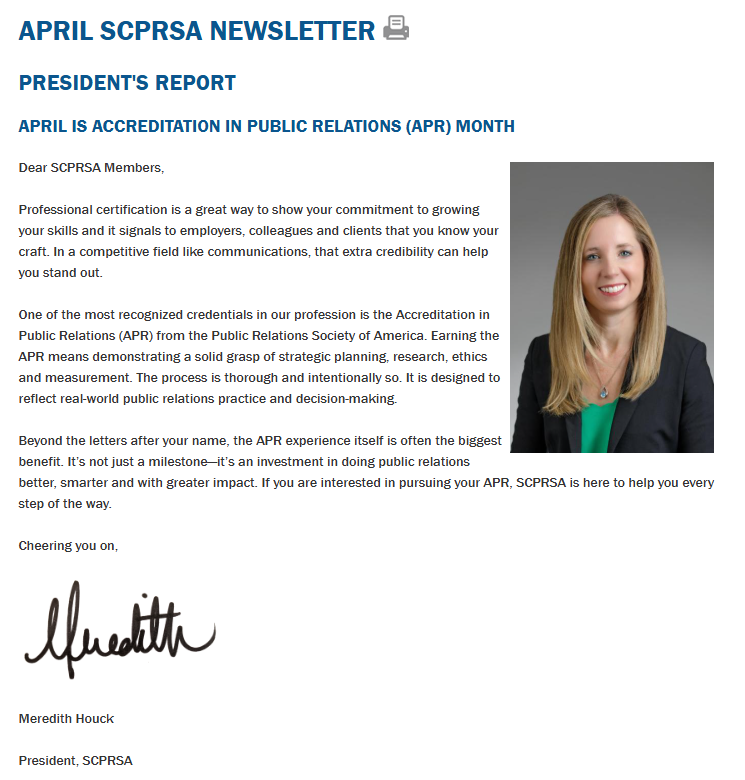 SCPRSA's tweet image. Take a look at our latest newsletter for upcoming networking opportunities, details on ordering duplicate Mercury Awards trophies and more.👇

scprsa.org/news.php

#SCPRSA #Newsletter