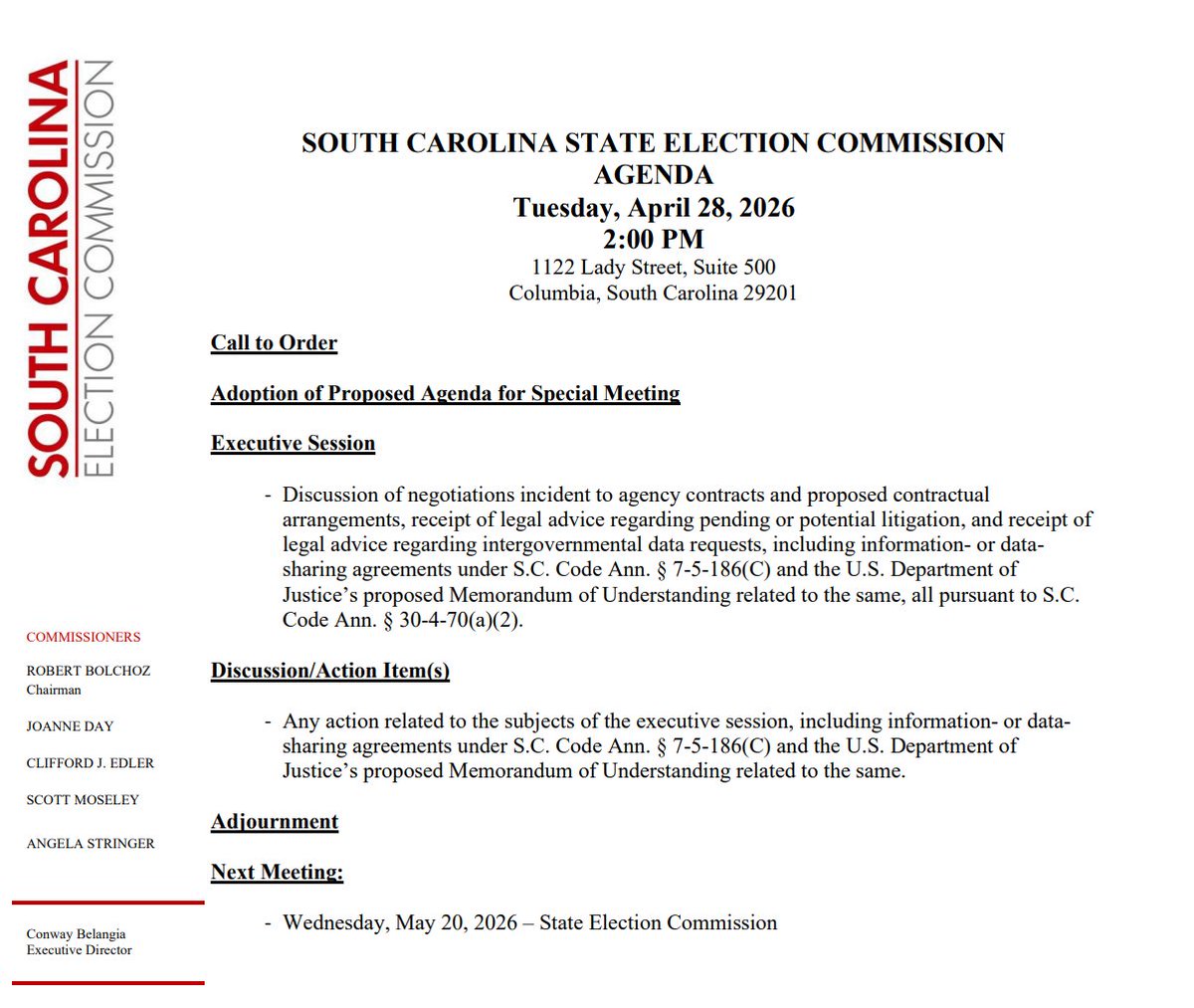 IAmNickReynolds's tweet image. SC Election Commission meets today with an update on the voter data-sharing agreement with the Department of Justice this afternoon. 

A judge authorized the release of the data last October, but the state has been trying to set terms to protect it. 

postandcourier.com/politics/judge…