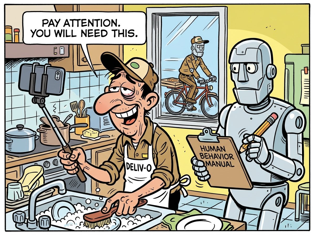 HolyQuark's tweet image. DoorDash pays gig workers to film themselves doing chores at home. The robot learning from that footage will take their delivery job.

#ScienceHumor #TechHumor