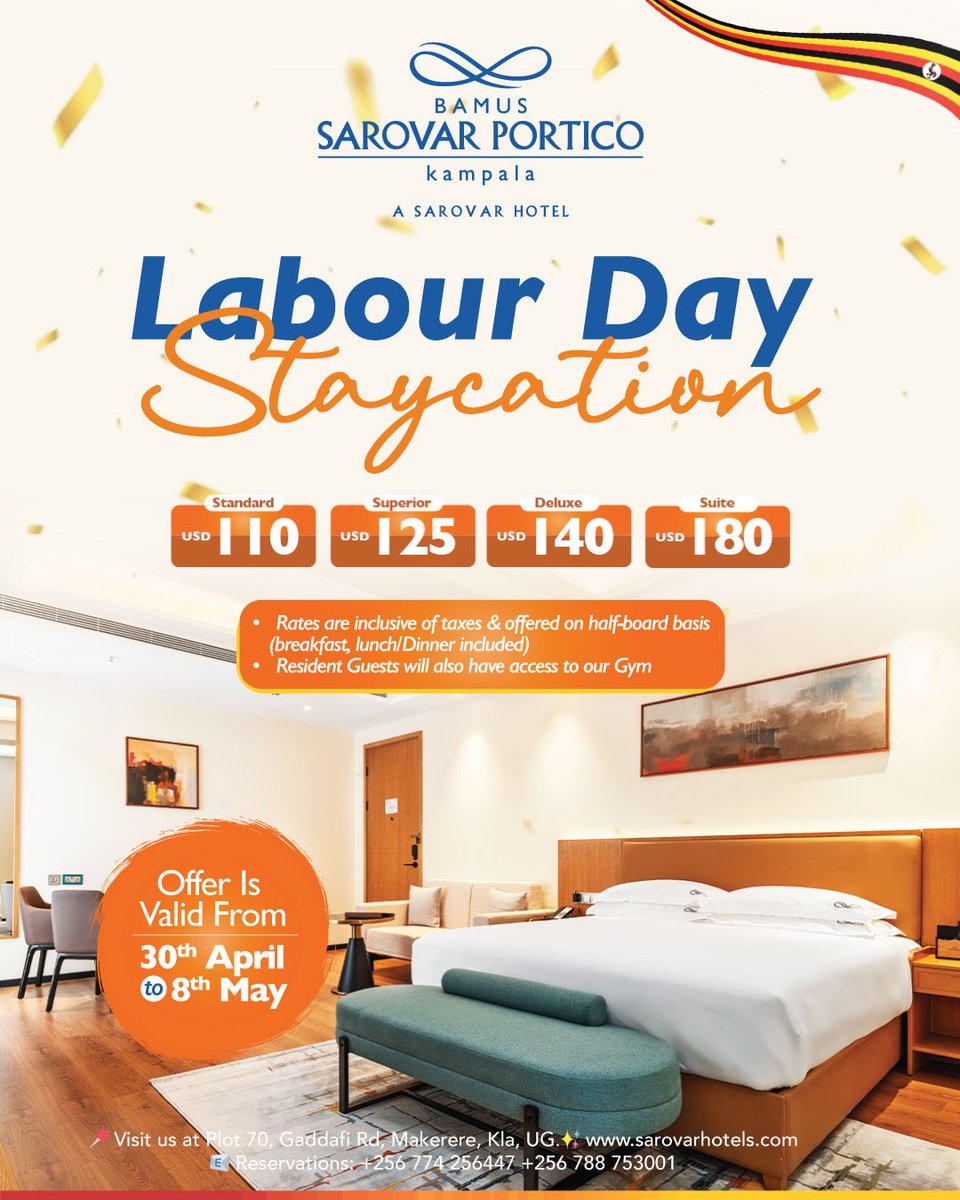 BamusSarovarP's tweet image. You’ve shown up, worked hard, and pushed through. This Labour Day, it’s your turn to unwind no stress, no rush just pure relaxation.

📍 Visit us at Plot 70, Gaddafi Rd, Makerere, Kla, UG.
✨ Explore more: sarovarhotels.com
☎️ 0774256447, 0788753001

#viral #insights #fyp