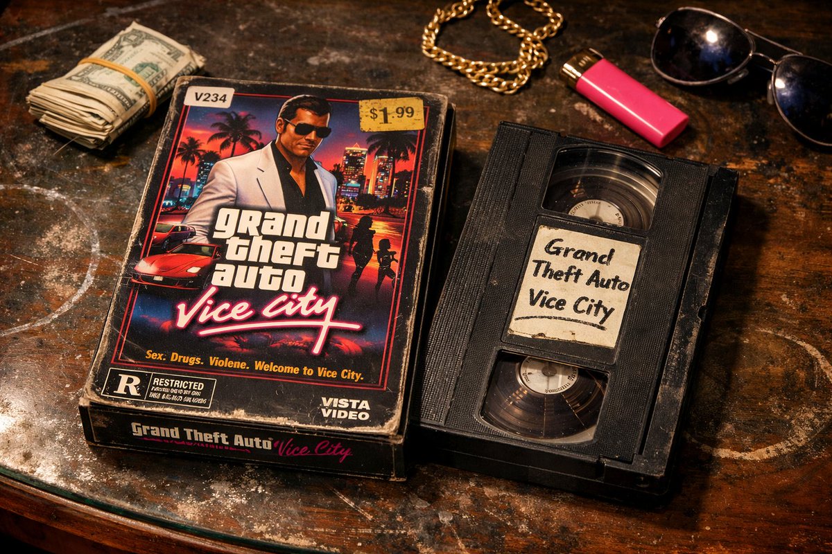 Retrega_Reset's tweet image. Welcome to Vice City where the past never stops rewinding.
Grand Theft Auto Vice City VHS tape lost media concept
#GTA #ViceCity #TommyVercetti