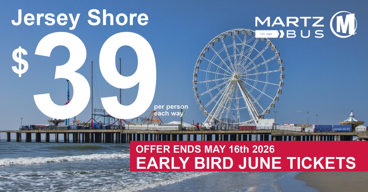 martzbus's tweet image. $39 EACH WAY ON ALL JUNE JERSEY SHORE TRIPS
OFFER ENDS MAY 16th 2026
Book Your Trip Now &amp;gt; hubs.ly/Q04dl9V80 

#summer #nepa #Experience #GetAway #MartzBus #atlanticcity #jerseyshore