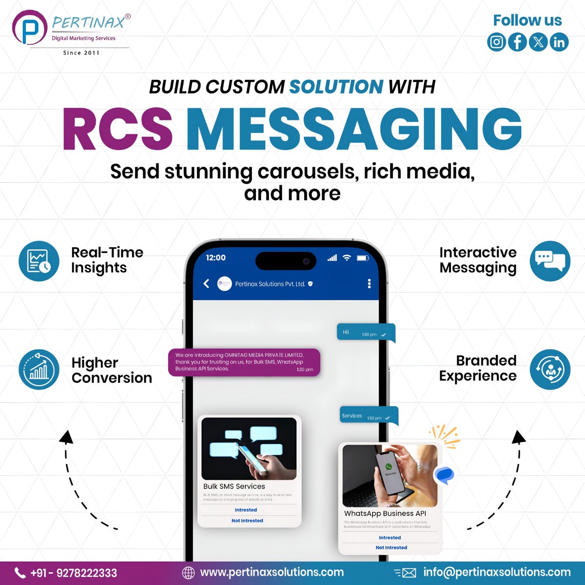 PertinaxGroup's tweet image. Transform the way you connect with your customers using RCS Messaging 
Create rich, interactive conversations with stunning visuals, real-time insights.🌐Visit: pertinaxsolutions.com
📞 Call: +91-9278222333#RCSMessaging #DigitalMarketing #CustomerEngagement #BusinessGrowth