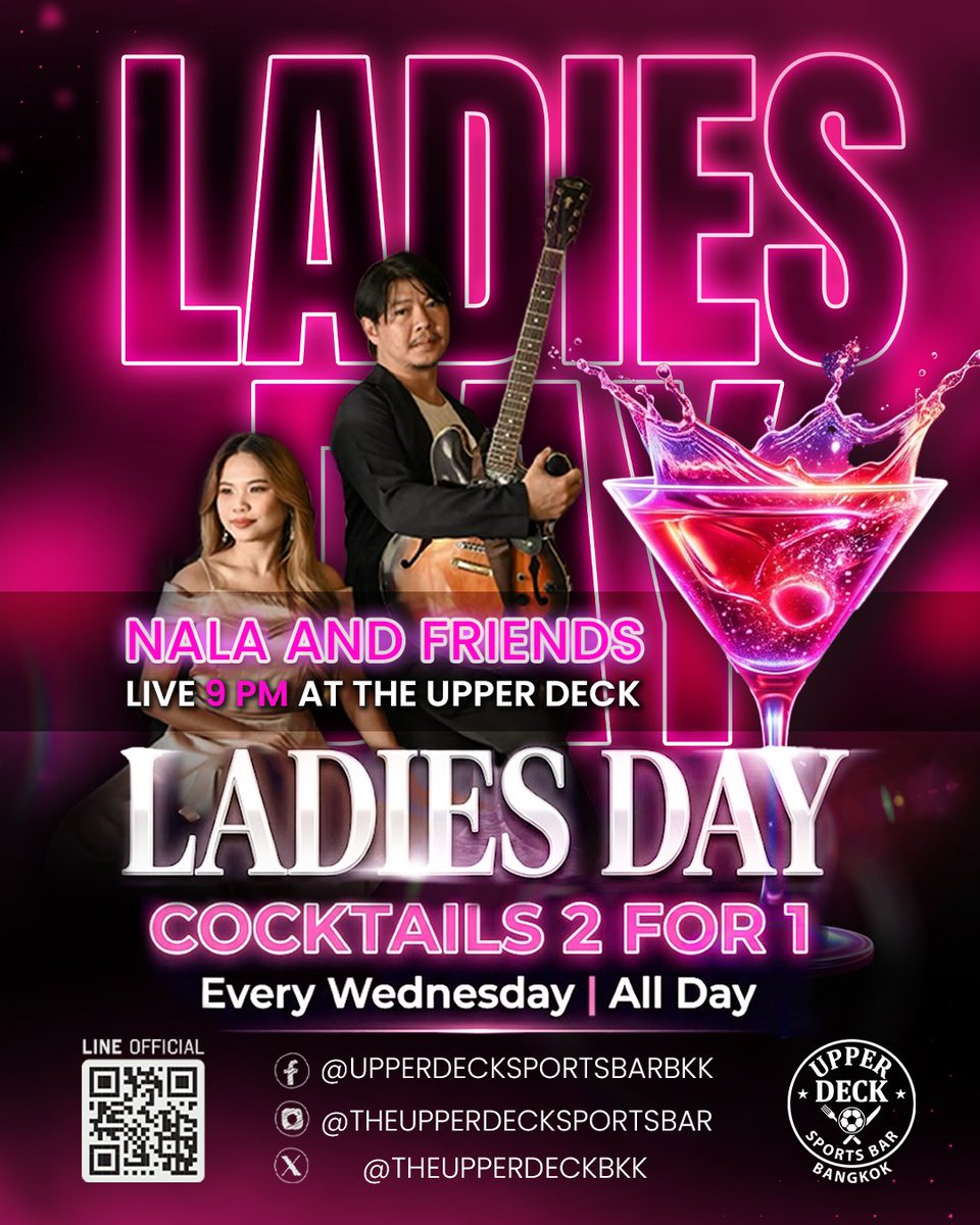 TheUpperDeckBKK's tweet image. ✨ LADIES, WEDNESDAY IS ALL YOURS! ✨

Upper Deck Sports Bar | Sukhumvit Soi 20
📍Maps: maps.app.goo.gl/b9AJeAX2agr13y…
➕LINE: lin.ee/Dq4q86h
🌐Web: theupperdecksportsbar.com/sports/

#UpperDeckSportsBar #LadiesDay #RooftopVibes #Buy1Get1 #WednesdayVibes #เลดี้ไนท์ #ค็อกเทล