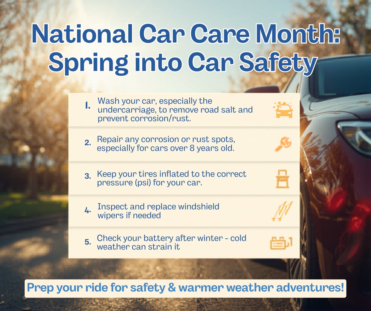 TOMIA247's tweet image. Spring is here! 🌼 Time for some car TLC! 🚗💨 Here are 5 essential tips:  
1. Wash &amp;amp; Wax  
2. Repair rust spots  
3. Check tire pressure  
4. Inspect wipers  
5. Test battery health  
Keep your ride smooth this season! 
#SpringCarCare #CarMaintenance #HealthyRide #AutoTips