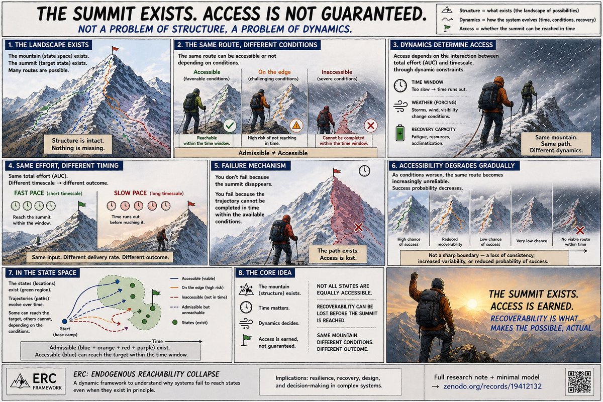 The summit exists.
The paths exist.

But whether it is reached may depend on the interaction between timing, conditions, and recovery capacity — not just on structure.

Same system. Same possible paths.
Different dynamics → different outcomes.

Total effort (AUC) can be