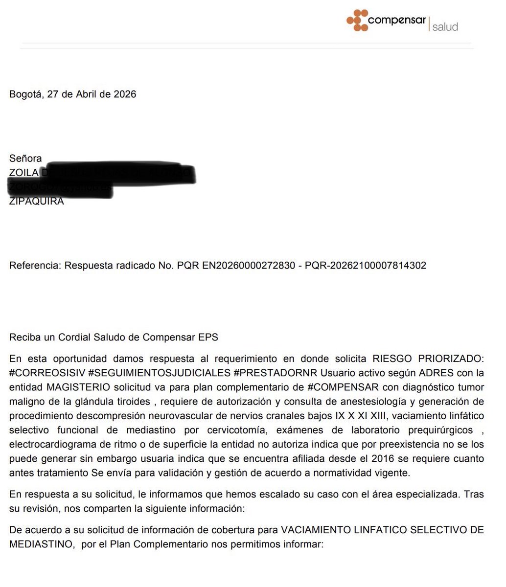 libia0215's tweet photo. 1/3 ¡Cinismo total! @Compensar_info responde HOY que NO autoriza la cirugía de mi madre de 75 años alegando "preexistencia". Ignoran que el Juez 1° de Zipaquirá YA desestimó ese argumento y les ordenó cumplir en 48h. @Supersalud ¡actúen ya! 🆘 #JusticiaParaZoila https://t.co/0ikekWRMCT