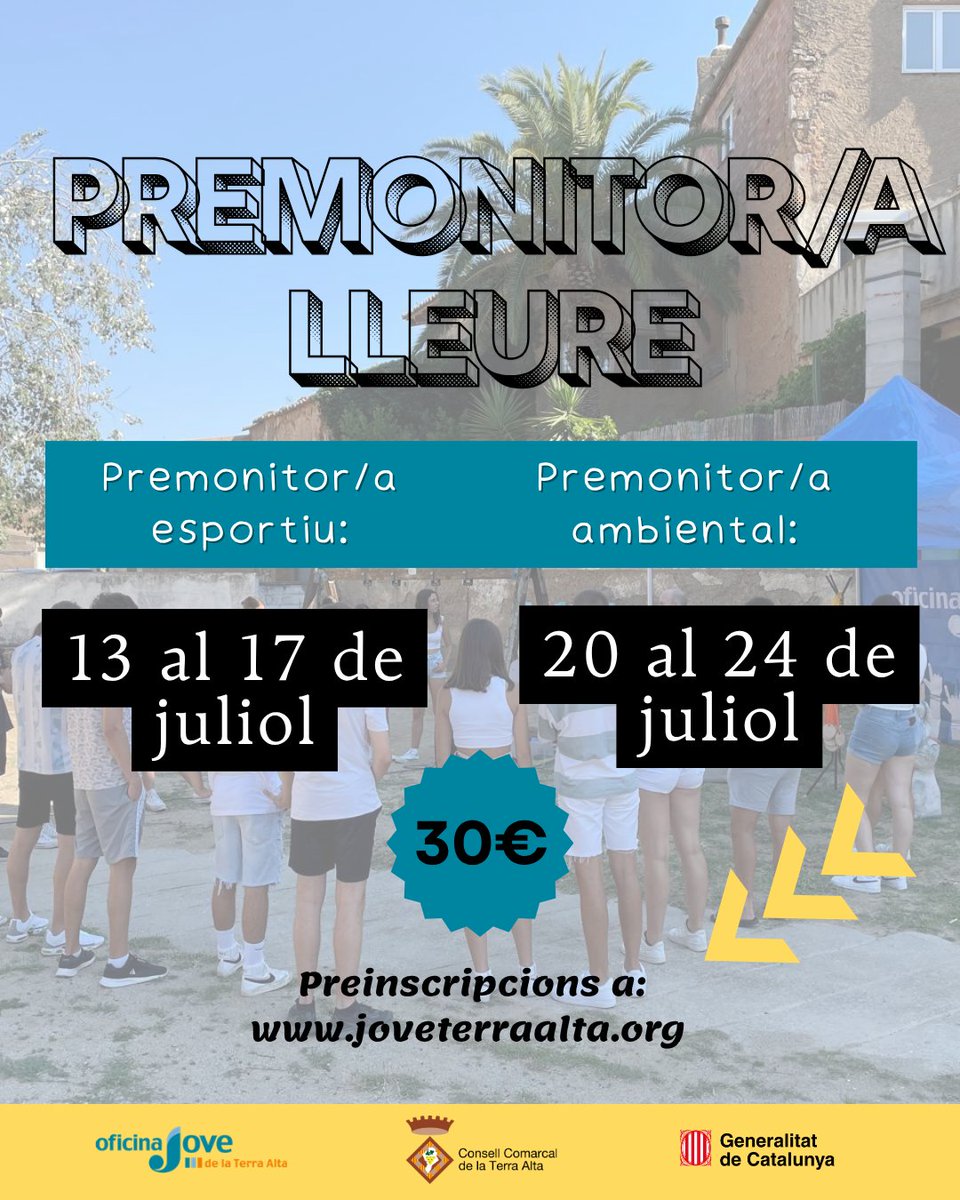 OJTerraAlta's tweet image. 👉 El curs de premonitor/a esportiu serà del 13 al 17 de juliol de 9:00 a 13:00h. 
👉El curs de premonitor/a ambiental serà del 29 al 24 de juliol de 9:00 a 13:00h.  
+INFO i preinscripcions: 📧 joveterraalta.org #JovenTActiu #Lleure #Cursos #Estiu #TerraAlta #JovesdelEbre