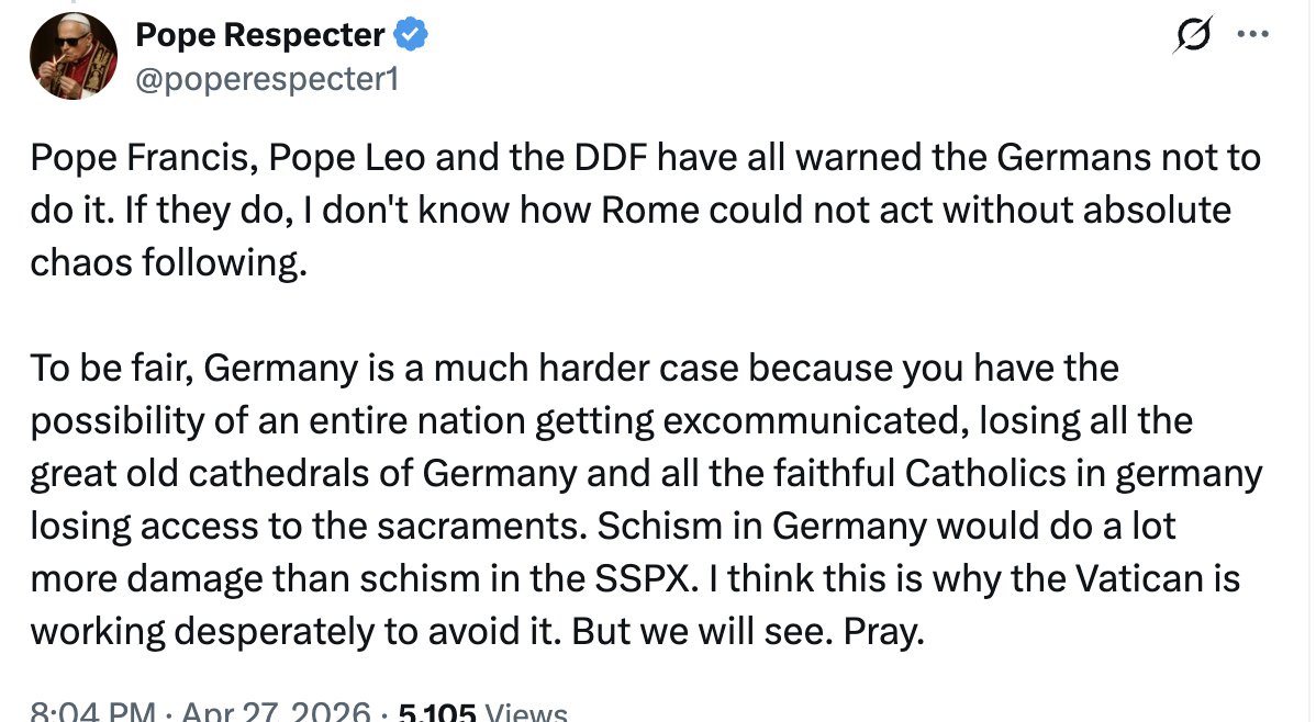 When your best argument on why the SSPX deserve the full wrath of canon law but the Germans must be treated with kid gloves is this, you've just admitted that canon law is meaningless, that punishments are completely and utterly arbitrary, and that justice no longer exists in the