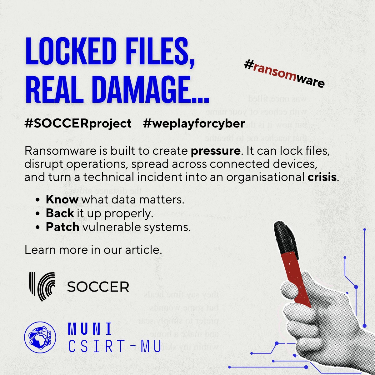 csirtmu's tweet image. 🚨Locked files are only the visible part of the problem. Ransomware can quickly turn disruption into pressure — on people, services, and decision-making.

🔗Read our article to learn how ransomware works: security.muni.cz/en/articles/ra…

#SOCCERproject #Ransomware