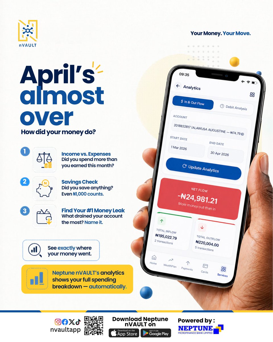 April is almost over and your bank account has opinions

Neptune naVault’s transaction analytics shows you exactly where every naira went. No sugarcoating, just clarity

Download Neptune nVAULT today and start May with a clean financial slate.