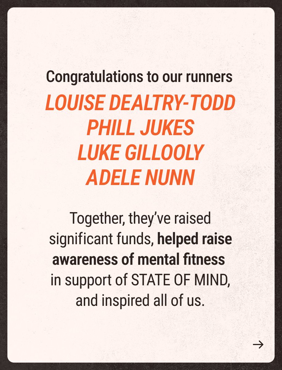 stateofmindsprt's tweet image. #LondonMarathon2026 completed! 🏁🏃‍♂️🎉

We are so proud of our runners Louise Dealtry-Todd, Phill Jukes, Luke Gillooly and Adele Nunn, who ran in support of STATE OF MIND, completing the race with incredible strength and determination. #STATEOFMIND #SHAREYOURS #Londonmarathon