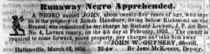 FromSlaves's tweet image. In February 1852, I was captured in Lavaca County, Texas. I fled James Hansbury's estate near Richmond on the Brazos. I made it 100 miles before they caught me. Now, my journey is stalled behind iron bars in the Hallettsville jail. My name was JOHN. #TX #blackhistory #slavery