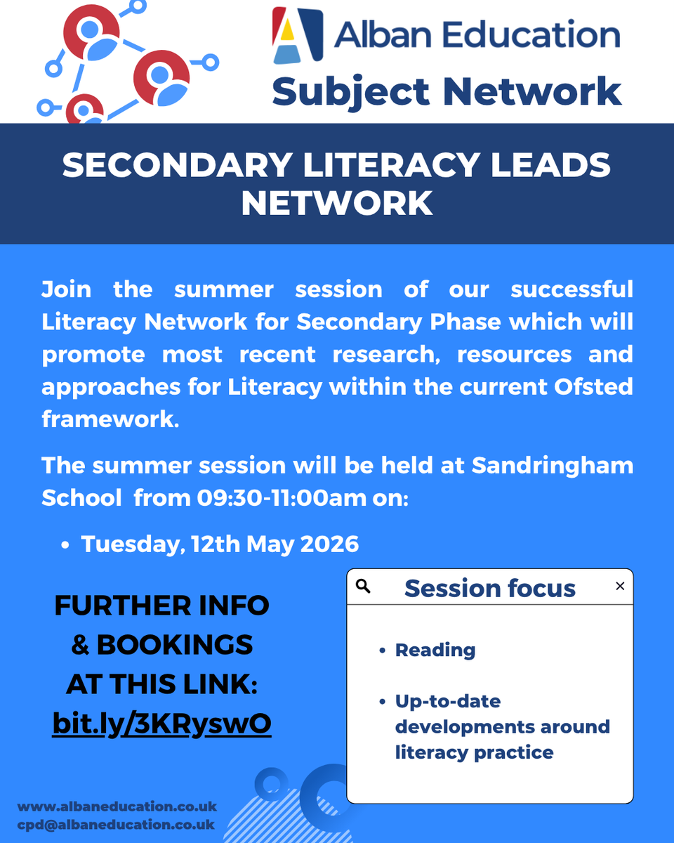 AlbanEducation's tweet photo. Join us for the summer session of our Literacy Leads Network in Secondary phase.  Book at https://t.co/oX2OIK2rX7 #literacy #cpd https://t.co/KZ5c67wR8I