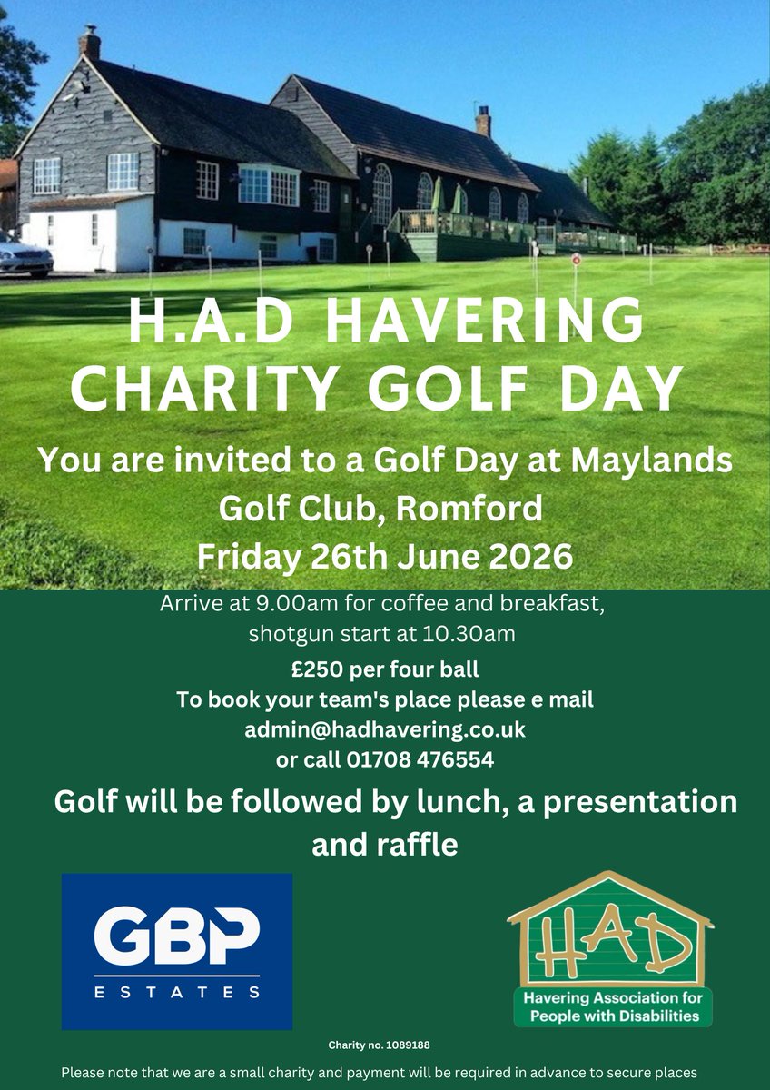 HAD_Havering's tweet photo. Calling all golfers!🏌️‍♂️⛳️
The H.A.D golf day is coming up in June and we are looking for teams to get involved in a great fundraiser at Maylands Golf Club in Romford. 
For more details or to book your team in contact the office on 01708 476554 or e mail admin@hadhavering.co.uk https://t.co/NM9FMJiBVv