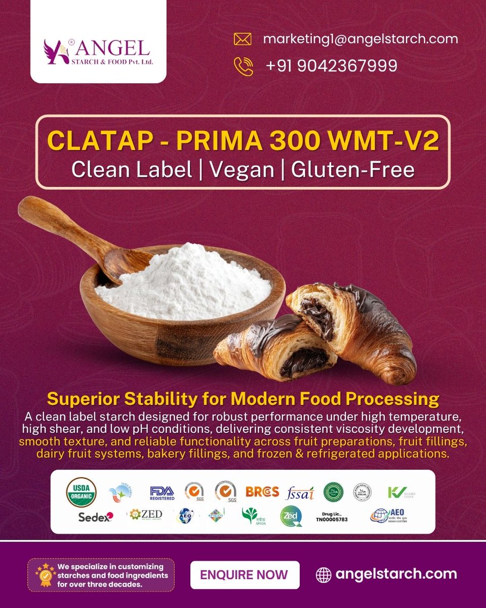 angel_starch's tweet image. Boost performance with CLATAP – PRIMA 300 WMT-V2 for clean-label consistency.

Engineered for heat, shear &amp;amp; stability across applications.

Visit our website for smarter solutions : angelstarch.com

#CleanLabel #FoodInnovation #StarchSolutions #FoodProcessing