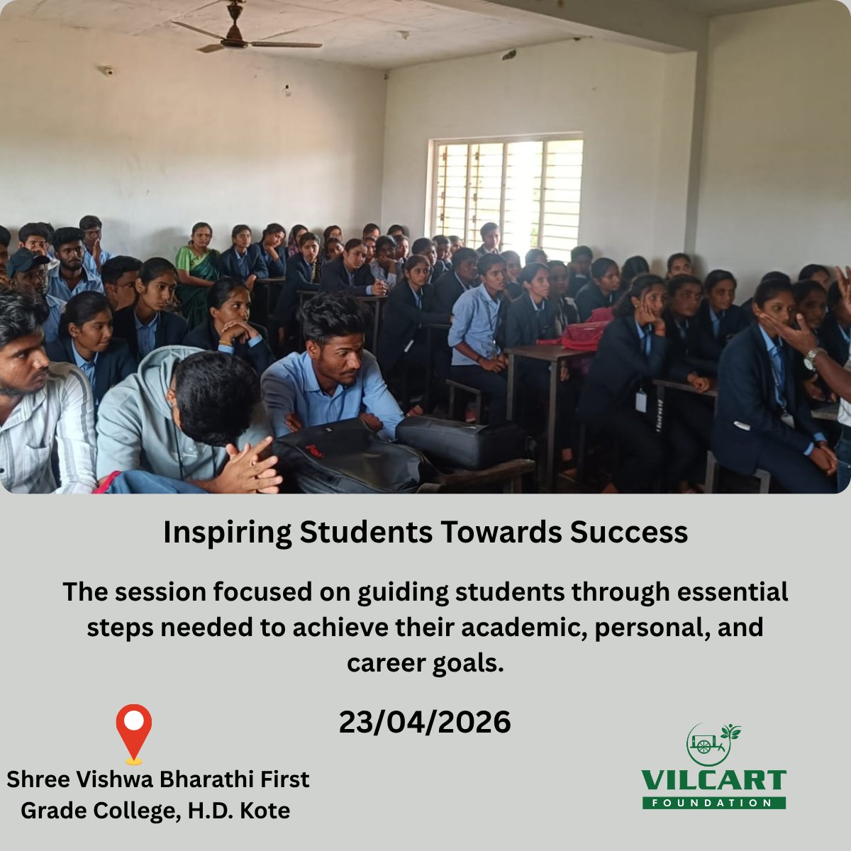 VilFoundation's tweet image. Guiding students towards success 🚀

VilCart Foundation conducted a session on “10 Steps to the Peak of Achievement” at H.D. Kote.

Empowering young minds for a better future.

#VilCartFoundation #StudentSuccess #Youth
