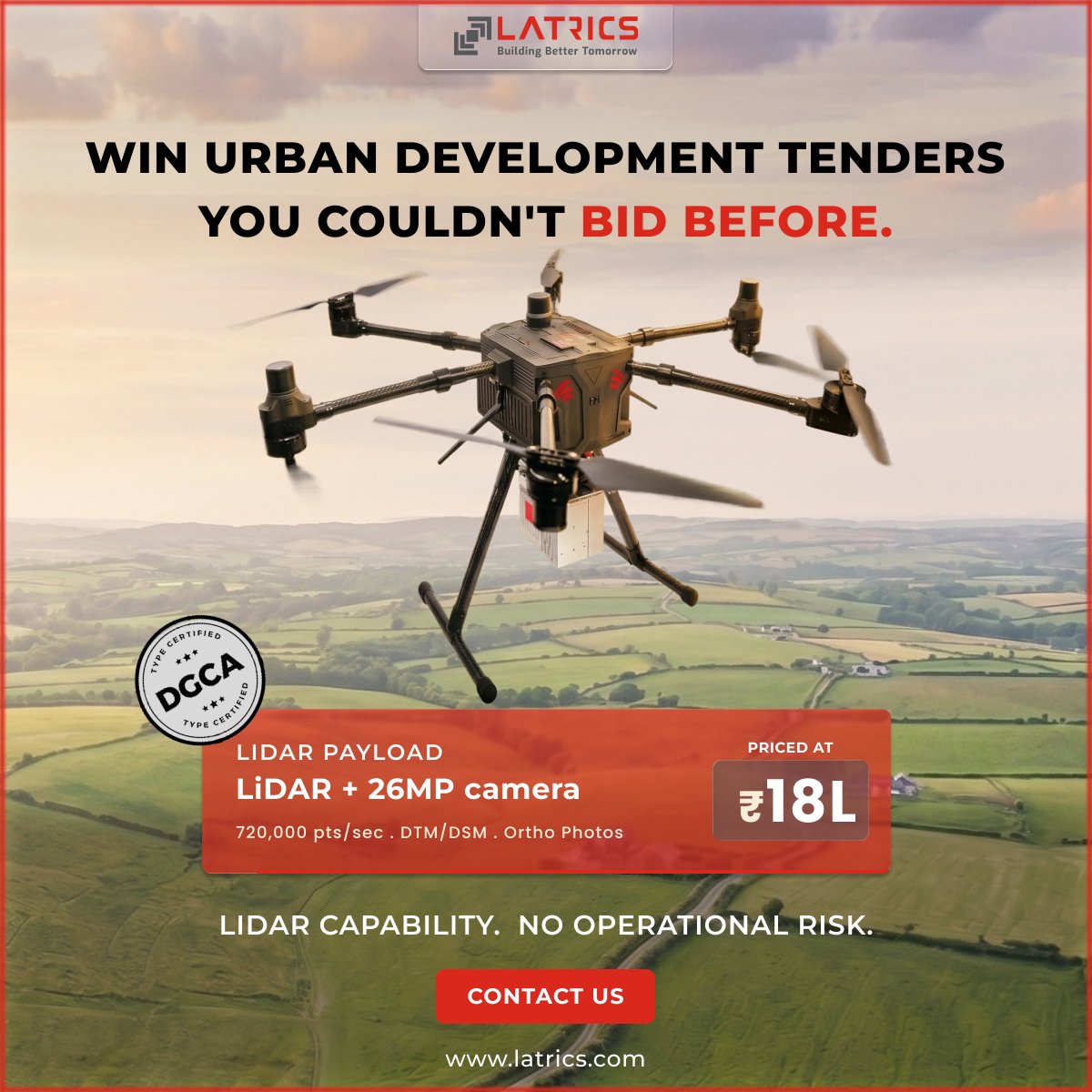 latricsindia's tweet image. Urban tenders now demand LiDAR accuracy.

Win projects you couldn't bid before with the Latrics LiDAR Drone.

✅ DGCA Certified
✅ LiDAR + 26MP Camera
✅ ₹18L

🌐 latrics.com

#LiDAR #SmartCities #Latrics