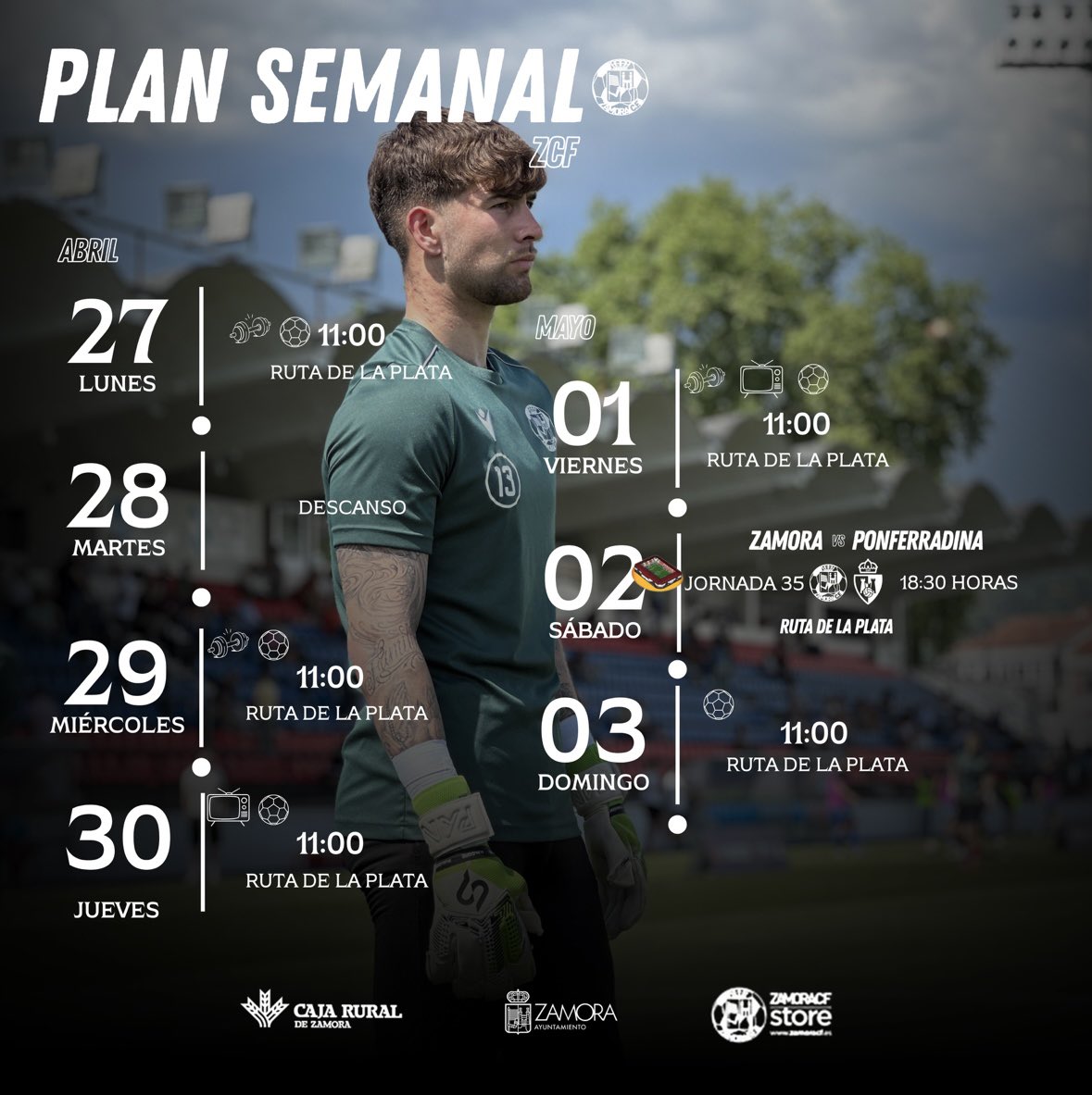 ZCFoficial's tweet photo. PLAN SEMANAL📅|

Hoy la plantilla disfruta de su día de descanso🤩👏🏼

Este es el plan semanal que seguirá el Zamora CF para esta semana ✍️

#VamosMiZamora https://t.co/WdOBtufzDV