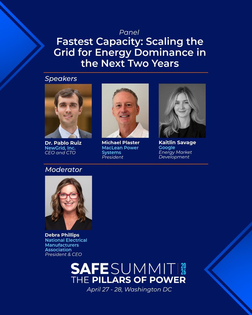 NEMAupdates's tweet image. This afternoon at #SAFESummit2026, NEMA President &amp;amp; CEO Debra Phillips will moderate a timely discussion on scaling the #grid for #AI, advanced #manufacturing, and #energy dominance.

The focus: near-term solutions that can unlock capacity now and strengthen reliability.