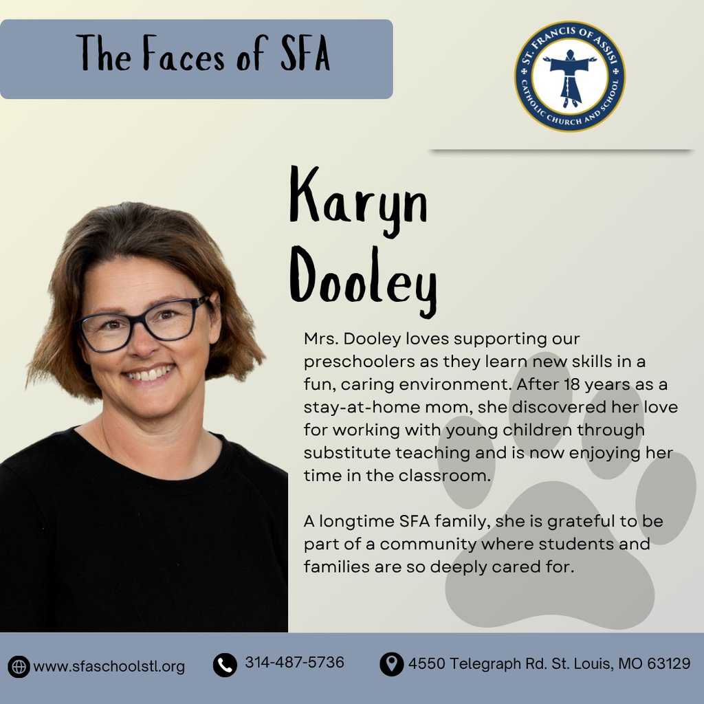 ✨ Faces of SFA :  Meet Mrs. Dooley, who brings warmth and care to our preschool classrooms and loves being part of the SFA family. 💙