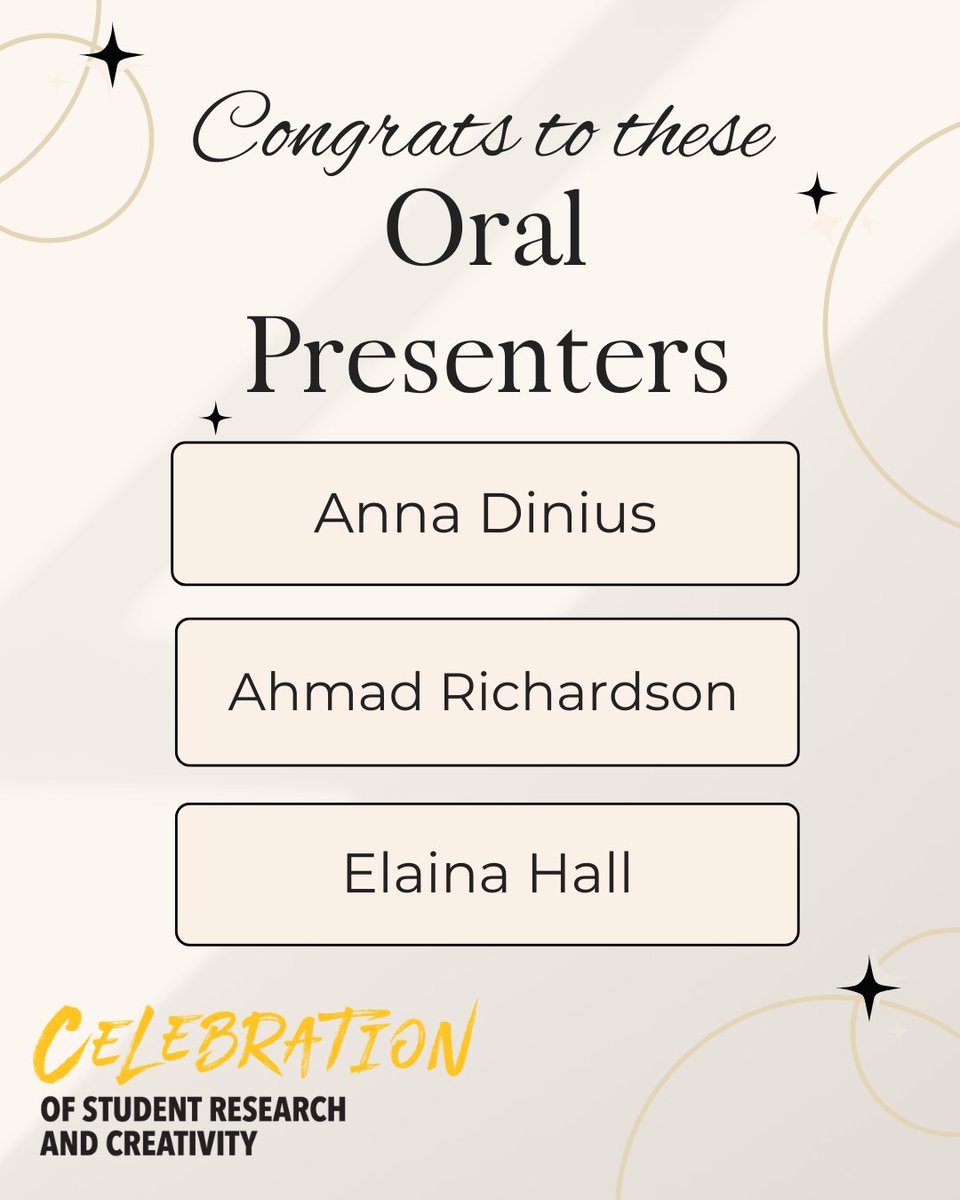 NKUISRCA's tweet photo. Make sure to say congratulations to these Celebration winners! They've all worked extremely hard on their presentations and deserve support. 👏 🏆

#NKUISRCA #Celebration #StudentResearch https://t.co/UI53elfkK9