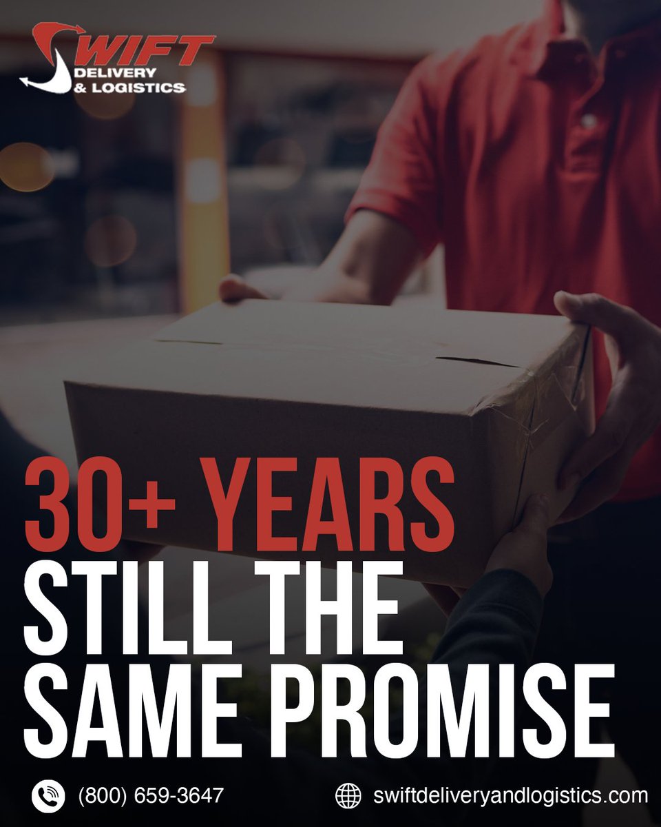SwiftDL's tweet image. Since 1992, Swift has been the delivery partner the Mid-Atlantic counts on.

Same-day. On-time. Professional. Every delivery, every day.

Over 30 years of going the extra mile. 🚚

📞 (800) 659-3647 | swiftdeliveryandlogistics.com

#SwiftDelivery #30Years #CourierService #MidAtlantic