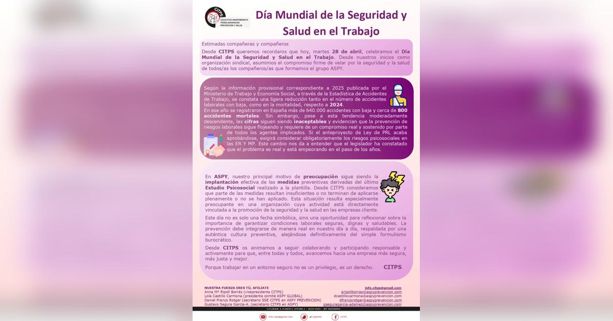 CitpsInfo's tweet photo. Hoy es el Día de la Seguridad y Salud en el Trabajo.

Las cifras siguen siendo inaceptables y la prevención —también psicosocial— no puede quedarse en el papel.

En CITPS lo tenemos claro: trabajar seguro es un derecho.

#CITPS #SeguridadLaboral #PRL https://t.co/K0ImItwtOr