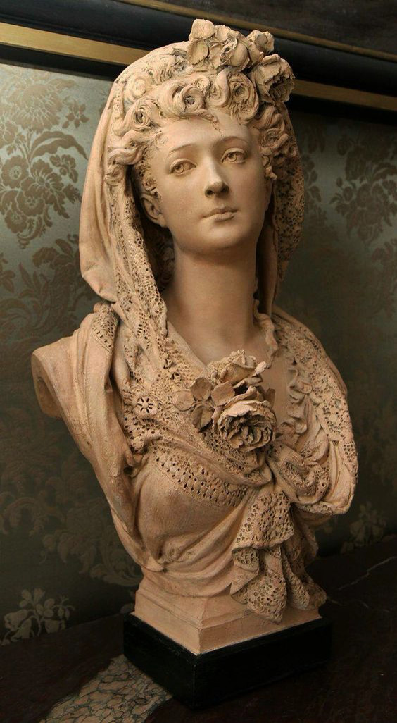 annie151092's tweet image. Marguerite Bellanger, The Lace Scarf with Roses, 1868 Albert-Ernest Carrier-de-Belleus, French sculptor (1824–1887) Terracotta Musée du Palais de Compiègne, Lyon #art #sculpture