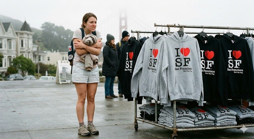 KarlTheFog_'s tweet photo. I see you wearing that light denim jacket because it was 'sunny' at 10 AM. First time? I’ll see you at the Gift Shop buying a $60 tourist hoodie by 4 PM. 🧥🛍️ #SFStyle #KarlTheFog #Layers #SanFranciscoWeather #TouristTrap https://t.co/EEkcBJWr7A