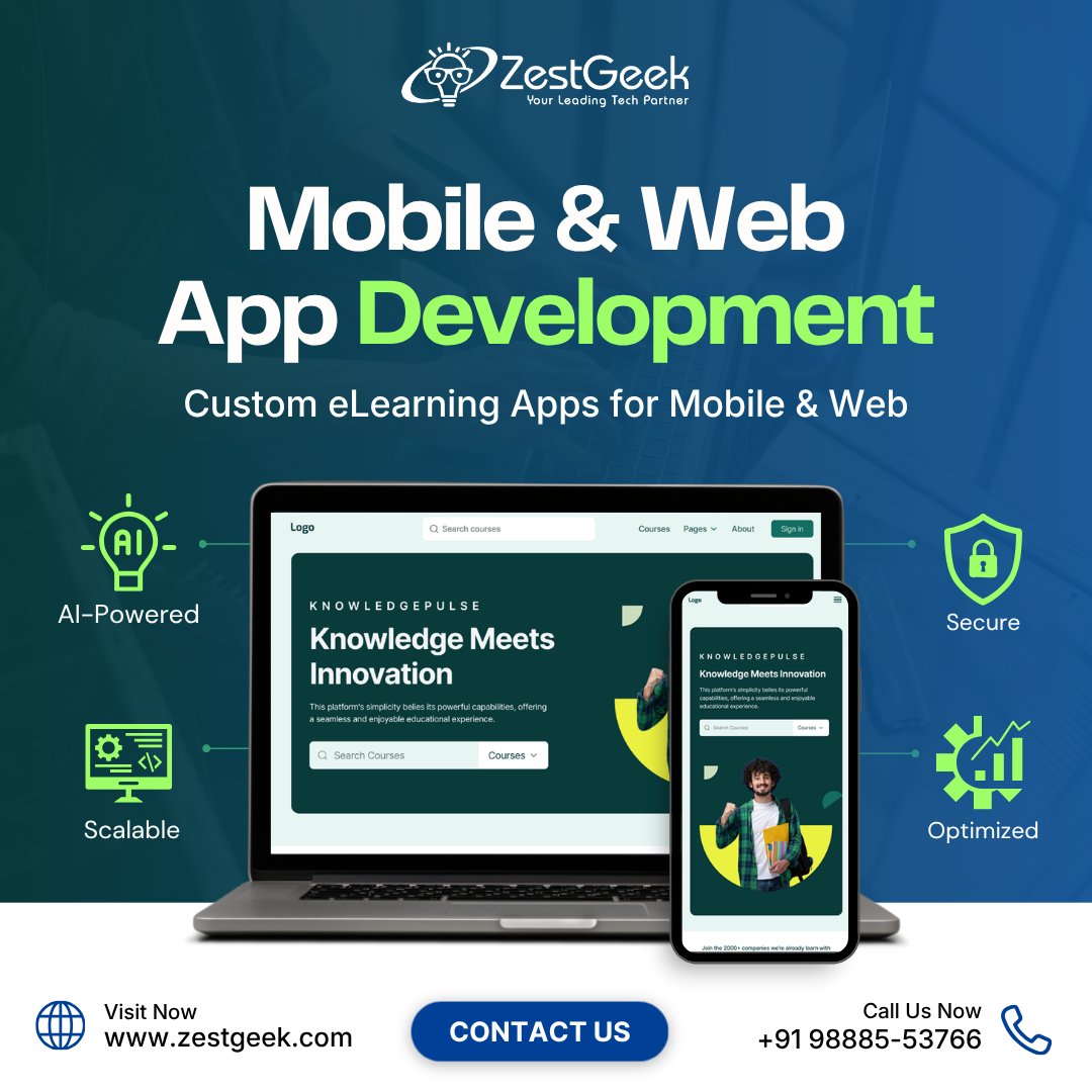 Transform the future of online learning

Build scalable eLearning apps with AI, live classes, and secure platforms for global users.

Start your project today
📞 +91 98885-53766
🌐 zestgeek.com

#EdTech #Elearn #AppDev #WebDev #AI #LMS #OnlineLearning